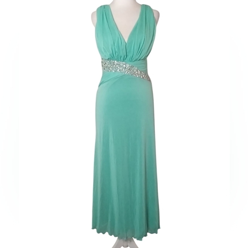 Coqueta International Seafoam Green Draped Shoulder Beaded Waist Gown Medium